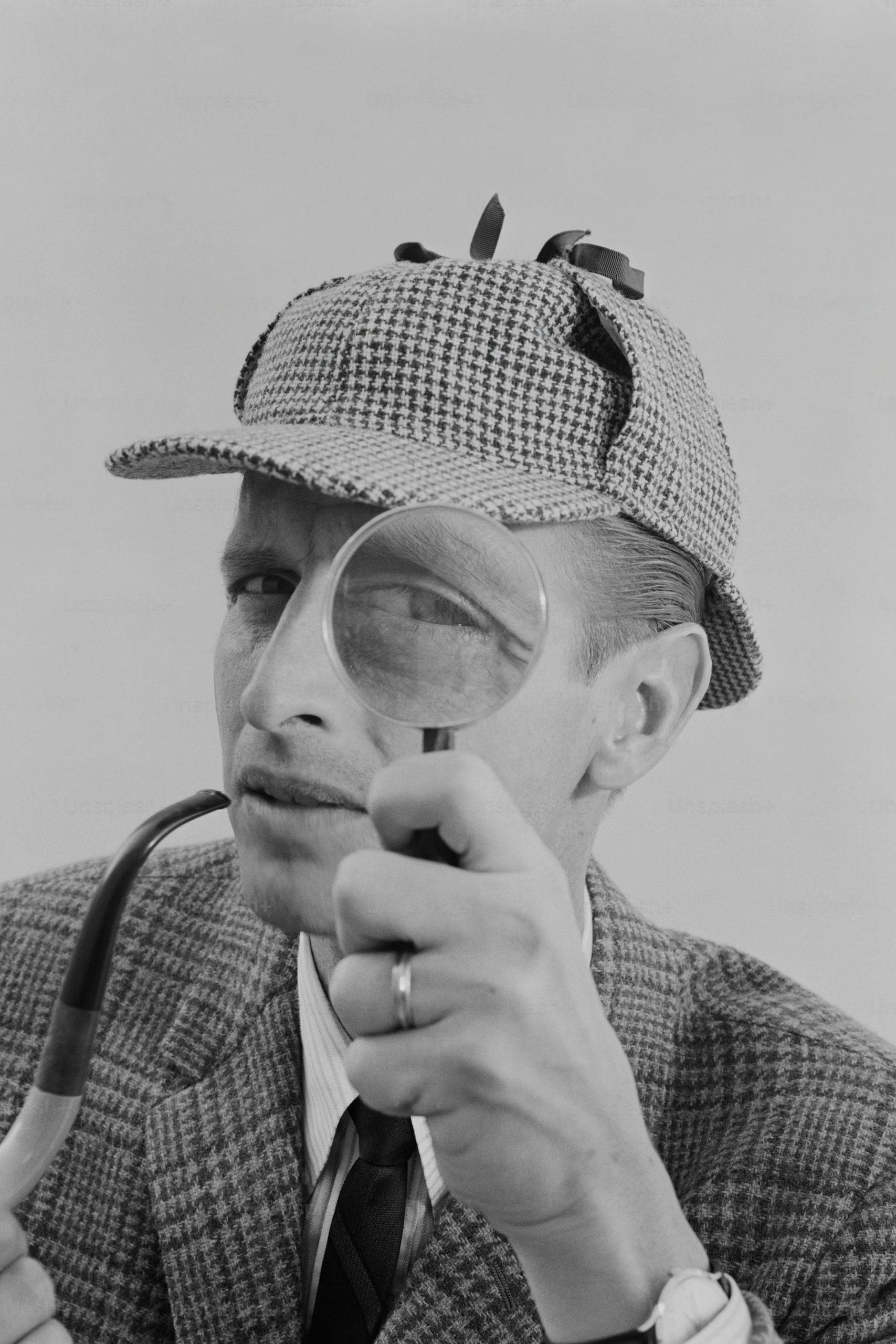 A man wearing a hat and holding a magnifying glass